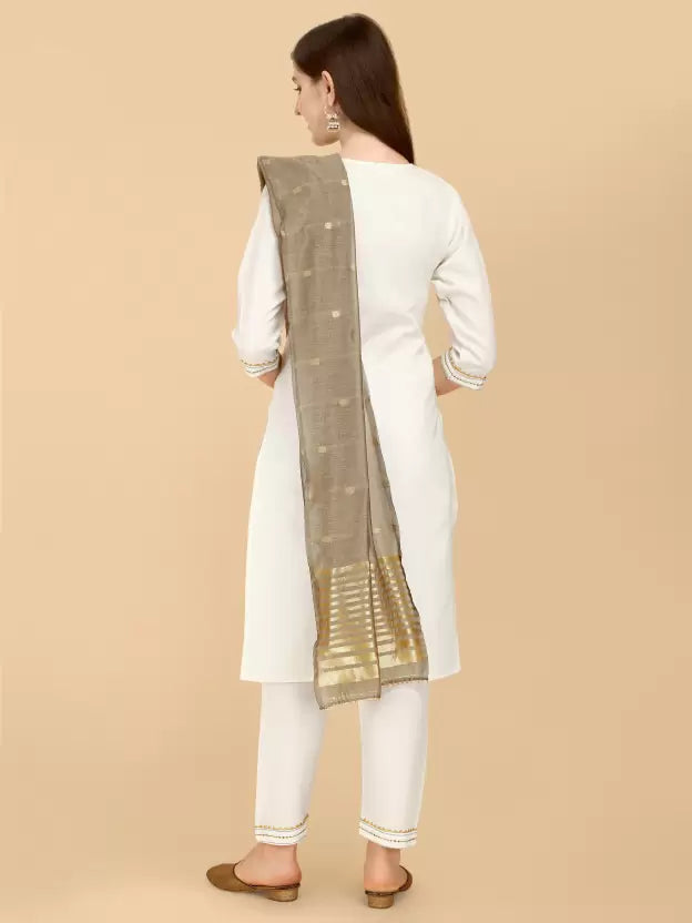 Women White Cotton Blend Kurta set with Grey Dupatta