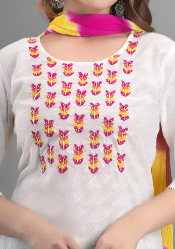 Women White Embroidered Viscose Rayon Kurta set with colorful Dupatta