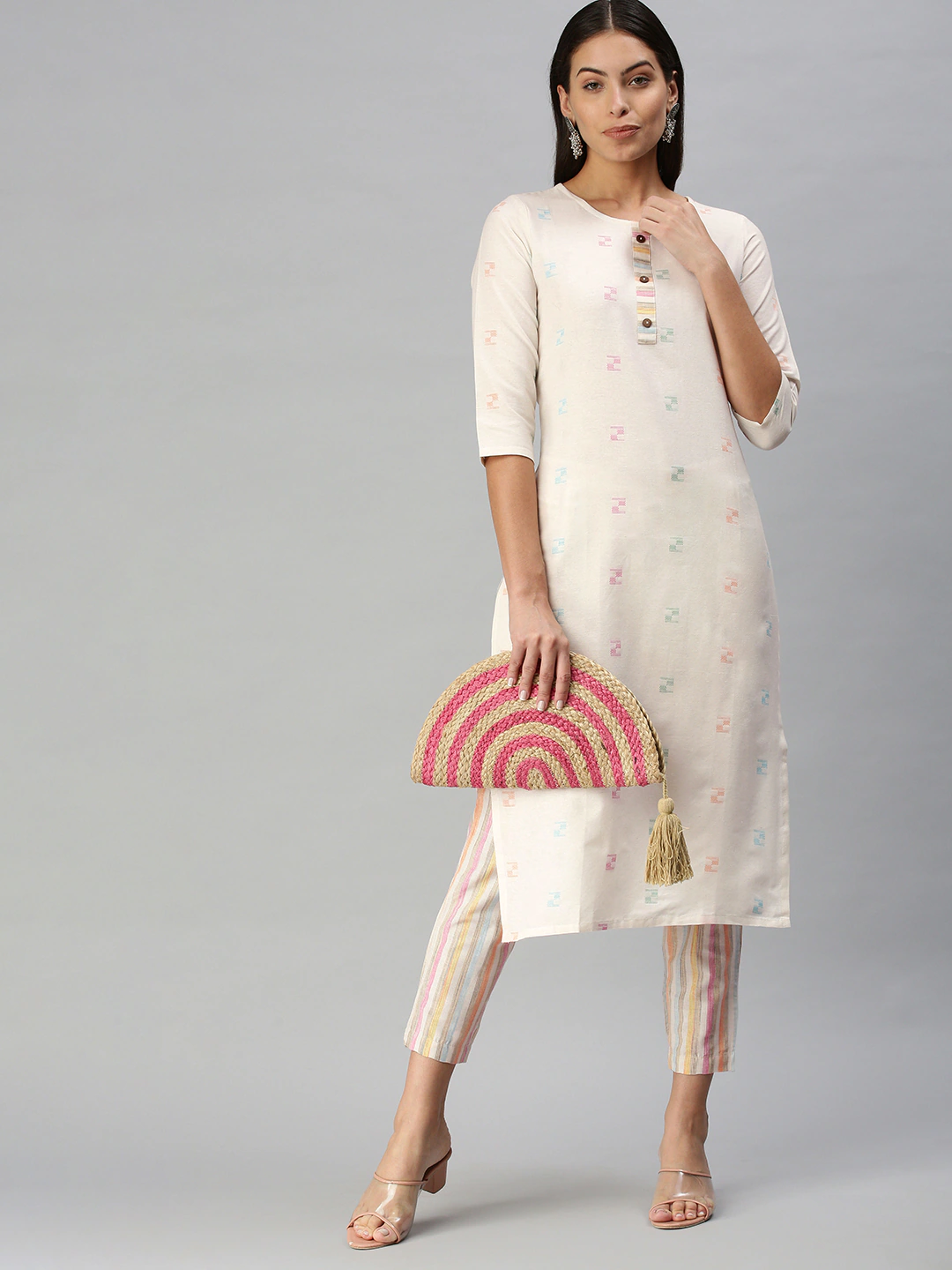 Women White Pure Cotton Geometric Kurta Set