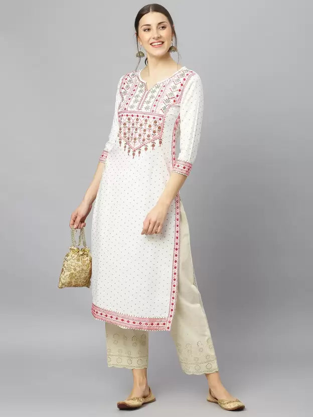 Women White Rayon Embroidered Kurta