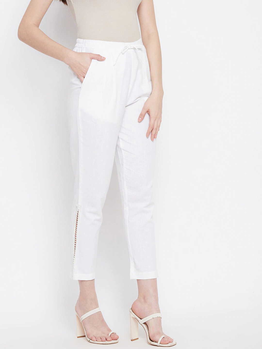 Women White Solid Cotton Trousers