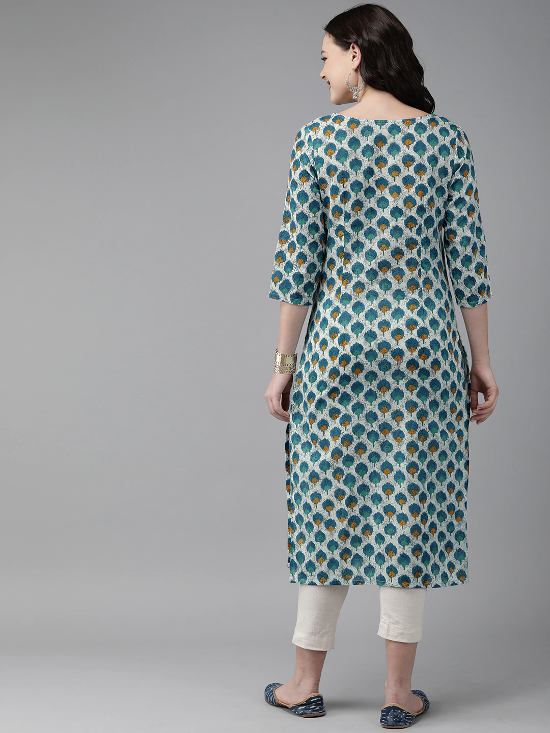 Women White & Blue Straight Kurta