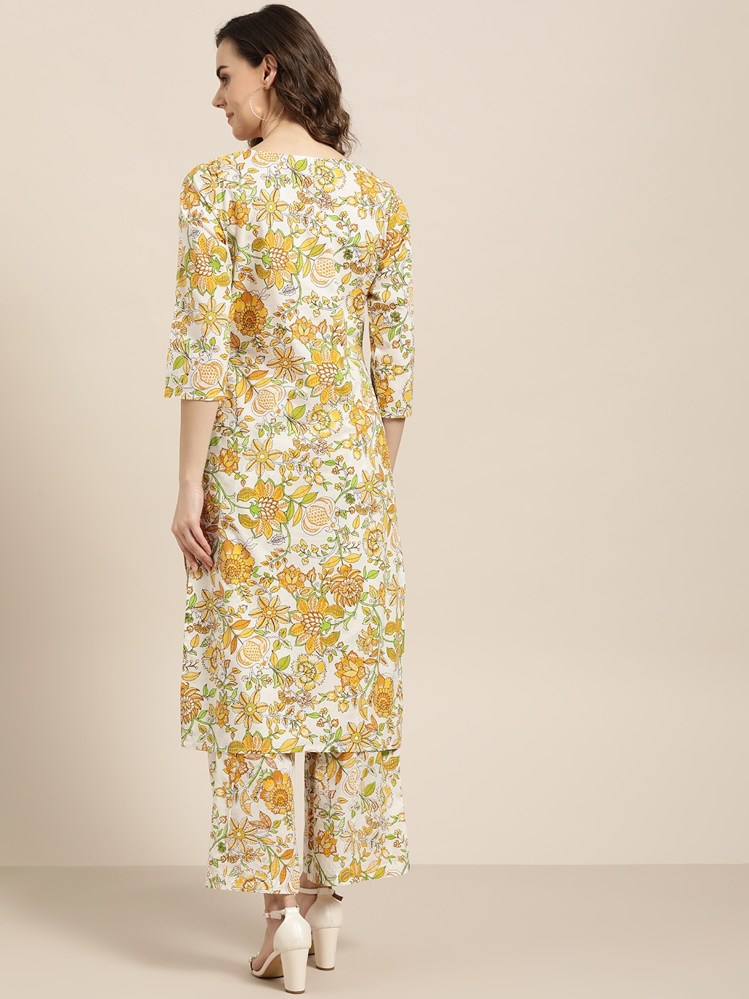 Women White & Mustard Yellow Kurta Set