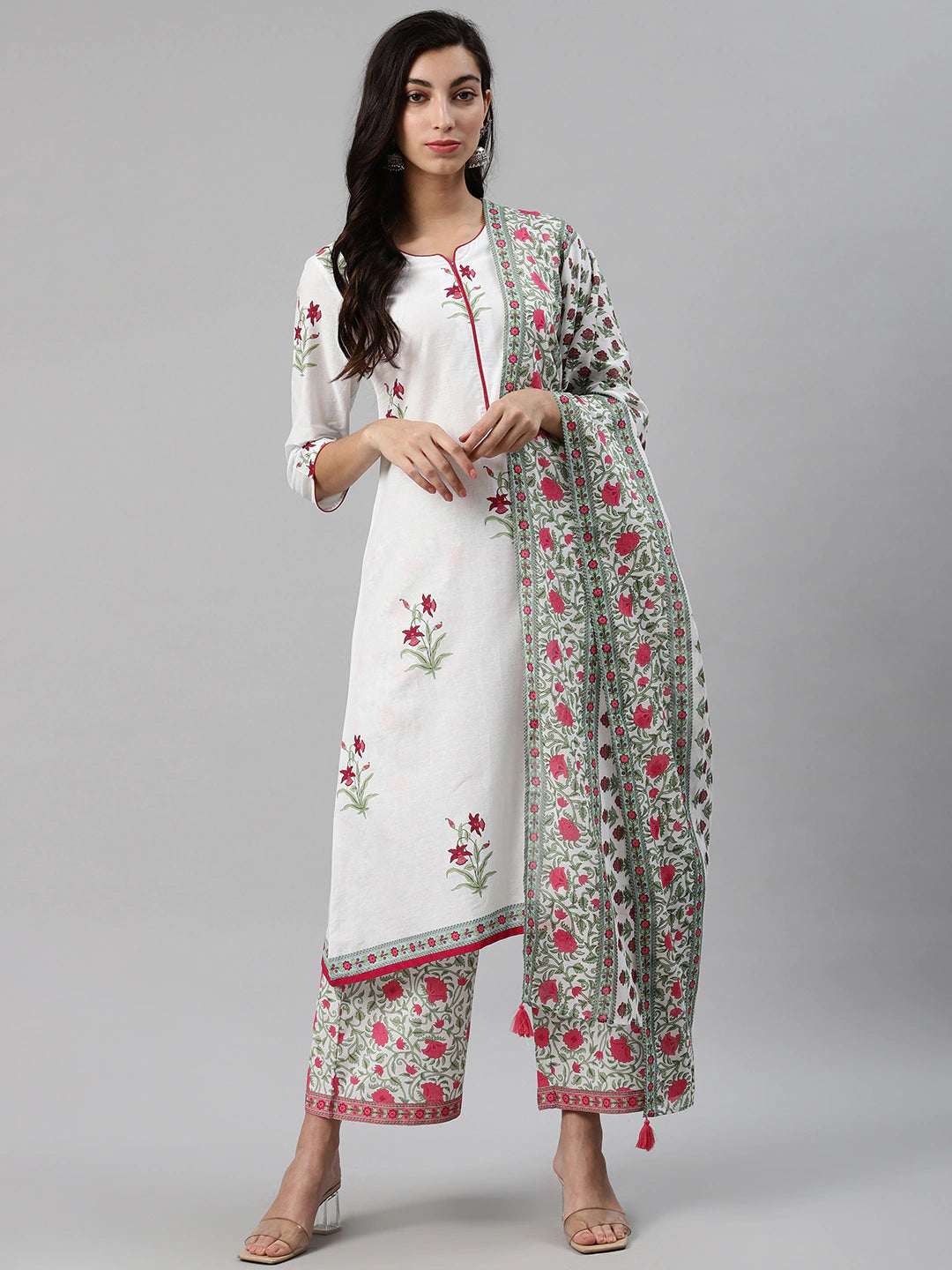 Women White & Pink Printed Kurta Set