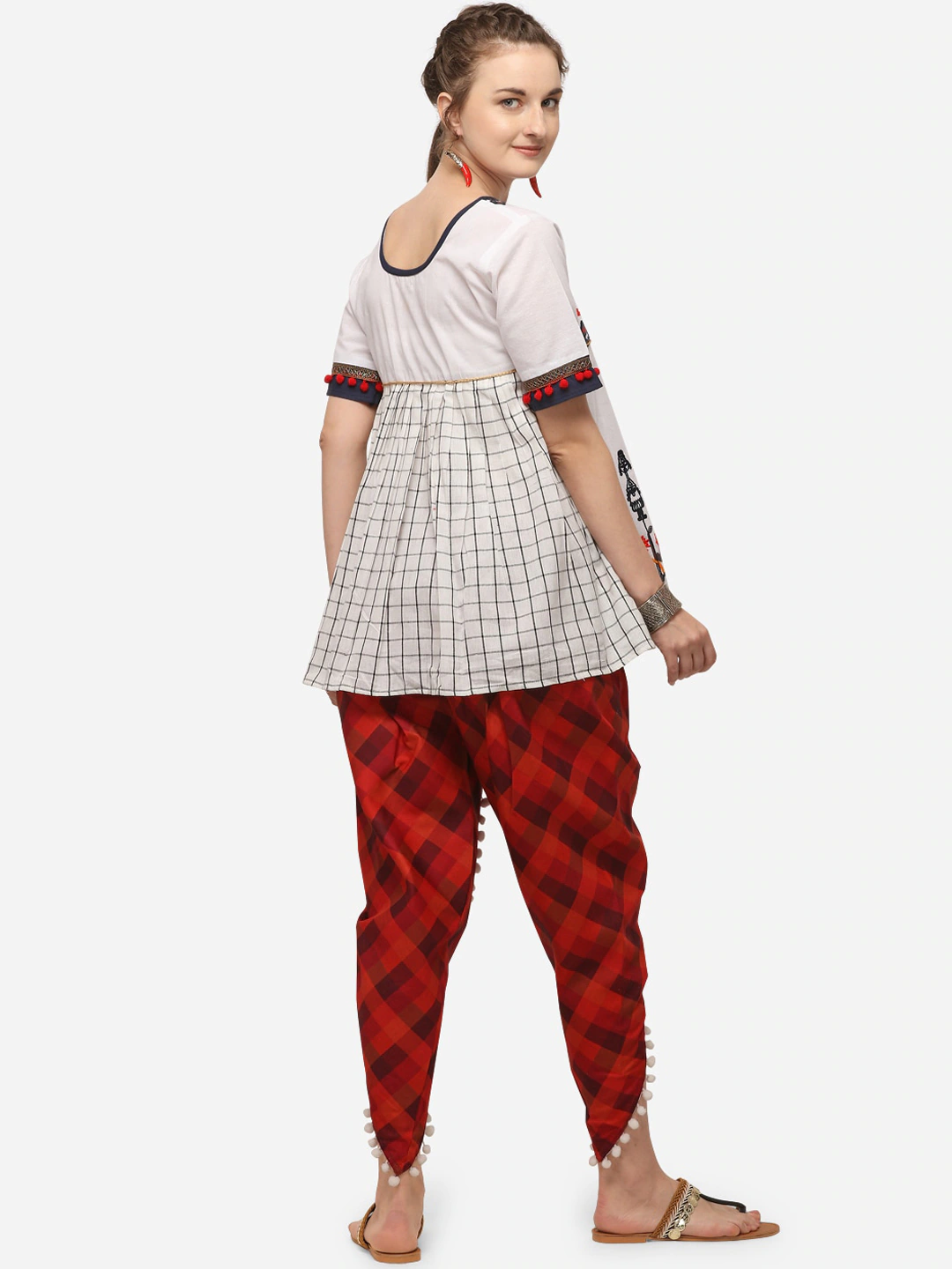 Women White & Red Organic Cotton Kedia Set