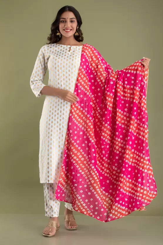 Women White and Pink Viscose Rayon Kurta set