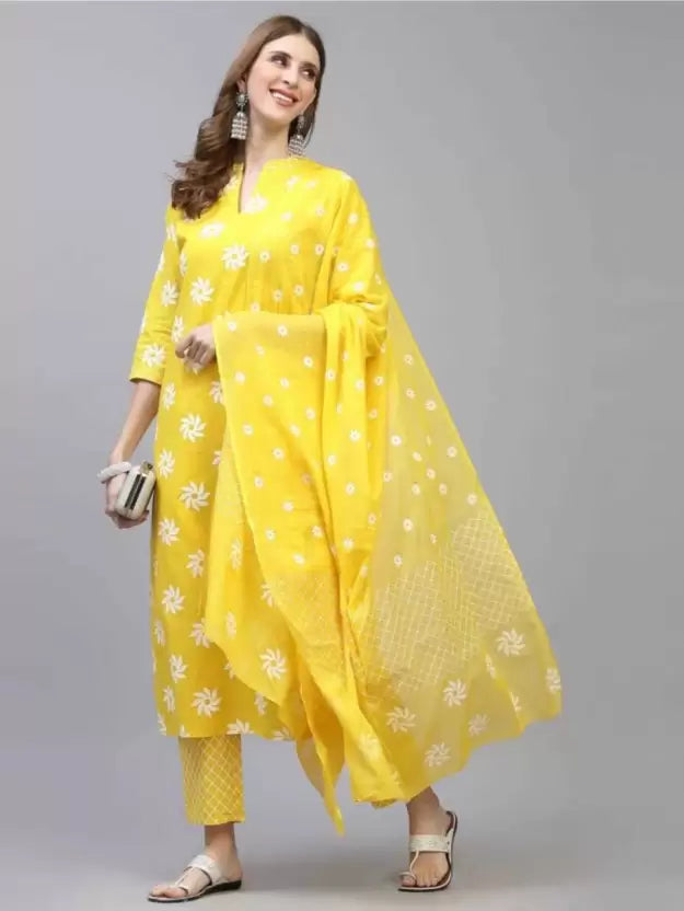 Women Yellow Cotton Kurta set with pants with Dupatta