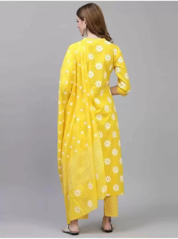 Women Yellow Cotton Kurta set with pants with Dupatta