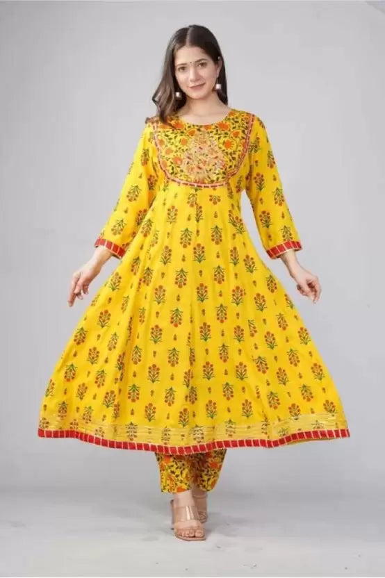 Women Yellow Viscose Rayon Anarkali Kurta set