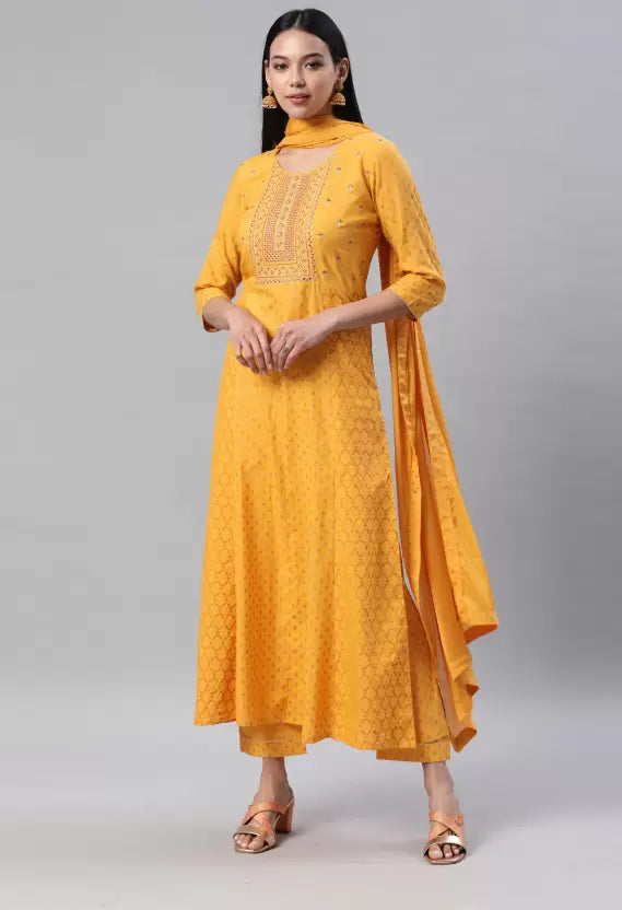 Women Yellow Viscose Rayon Kurta set with Dupatta