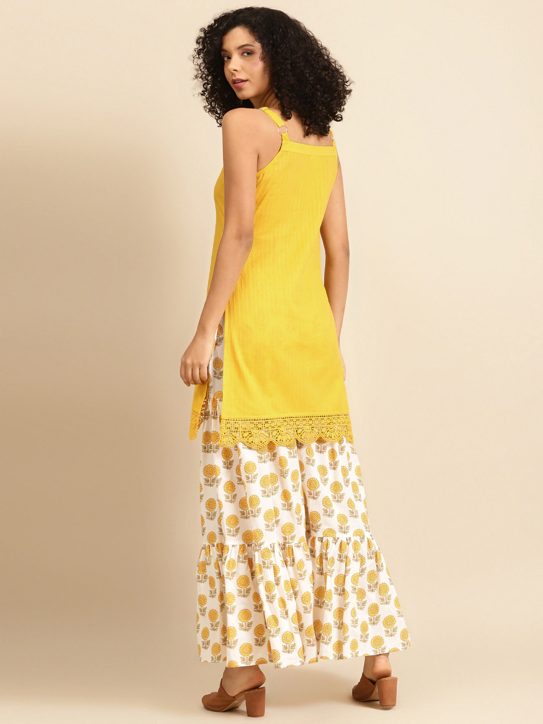 Women Yellow & Off-White Kurta with Sharara