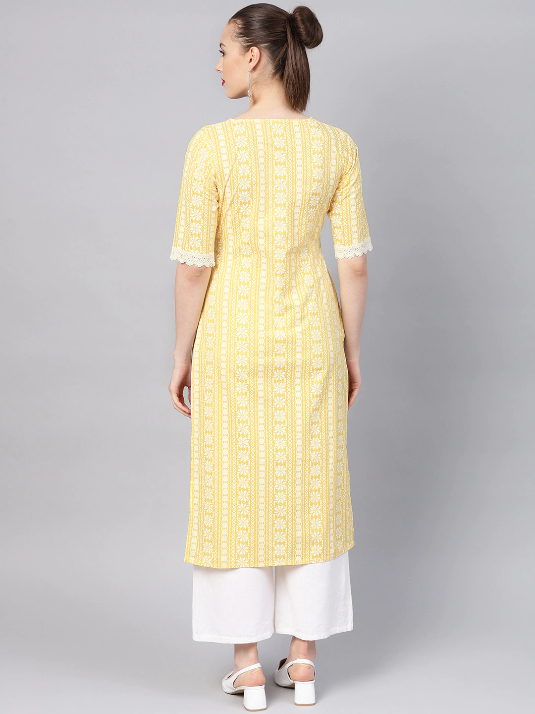 Women Yellow & White Block Print Kurta Top