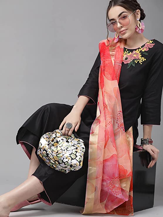 Women's Embroidered Viscose Straight Kurta Set