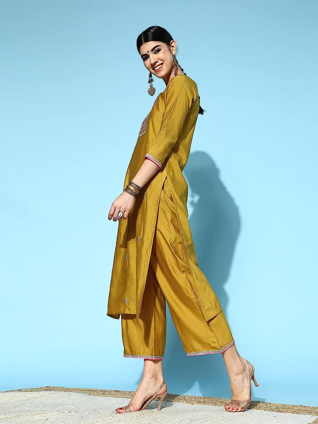 Women's Net Floral Embroidered Straight Kurta Palazzo with Dupatta Set