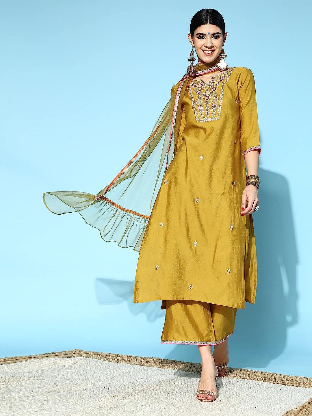 Women's Net Floral Embroidered Straight Kurta Palazzo with Dupatta Set