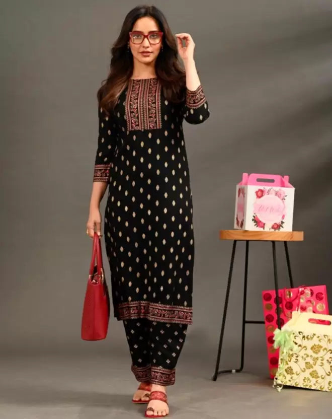 Women Black Printed Viscose Rayon Kurta set