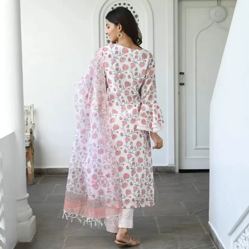 Women Viscose Rayon Soft Pink & White Floral Kurta and Pant Set