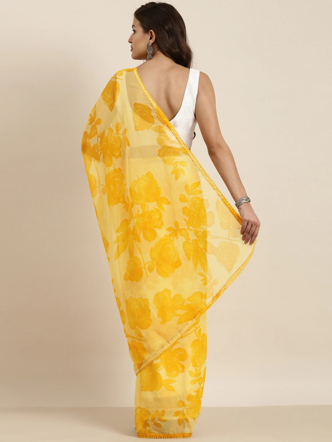 Yellow Floral Pure Chiffon Saree