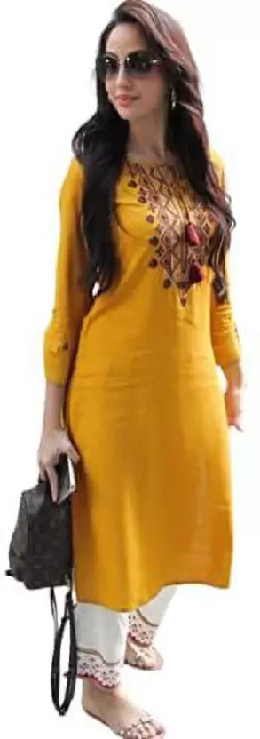 Women Rayon Yellow Kurta with White Pant set