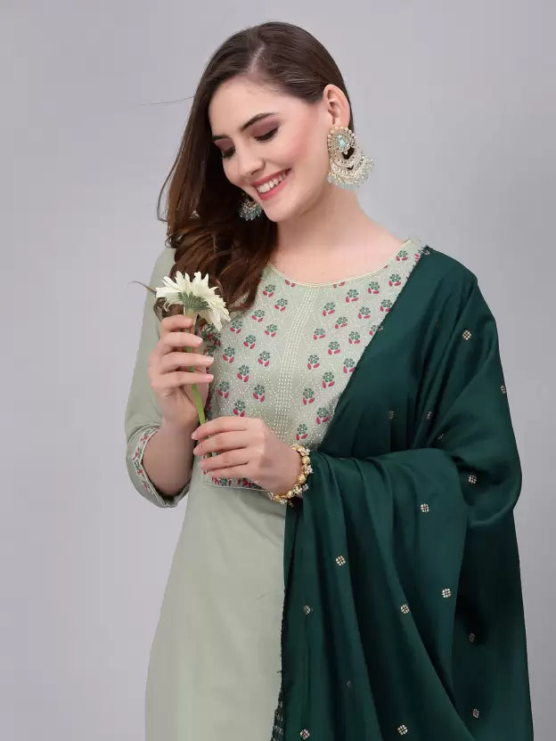 Light Green Cotton Blend Kurta set with Dark Green Dupatta