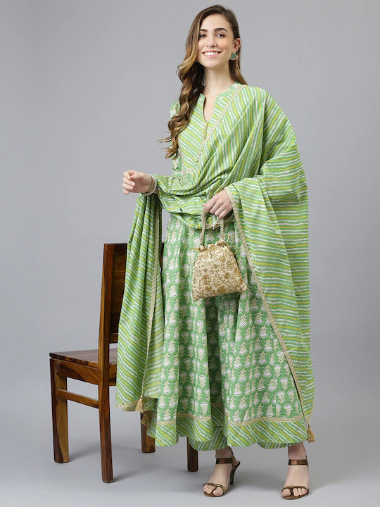 Women Green Ethnic Motifs Printed Kurta with Palazzos & With Dupatta