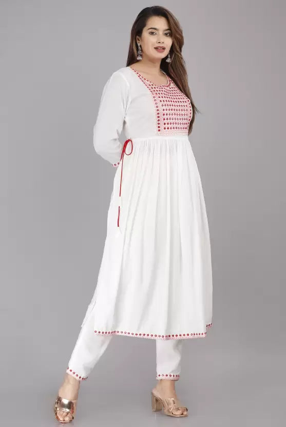 Women White Viscose rayon Tie-side White Kurta set