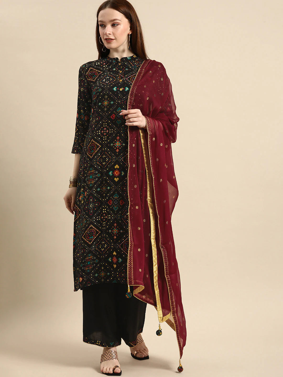 Women Black Ethnic Motifs Printed Kurta with Palazzos & With Dupatta