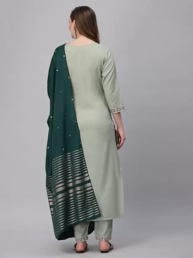 Light Green Cotton Blend Kurta set with Dark Green Dupatta