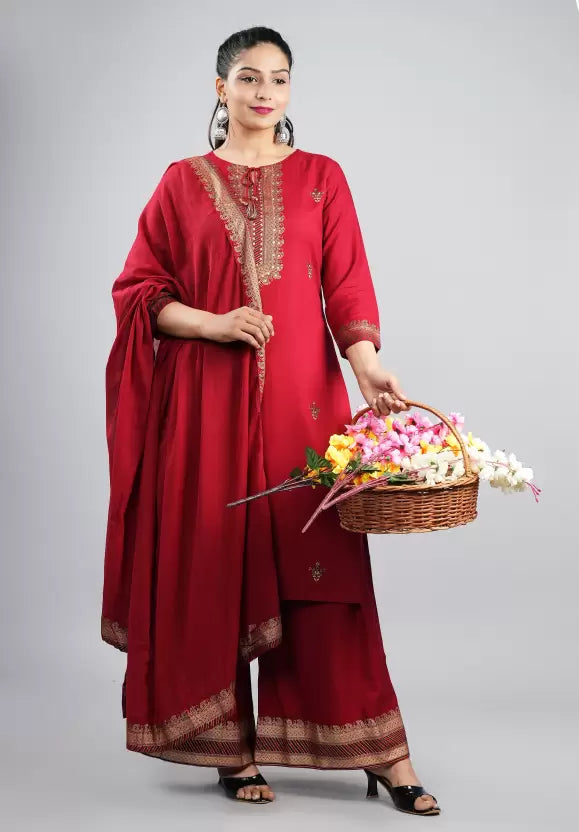 Women Maroonish Red Embroidered Kurta, Palazzo & Dupatta Set