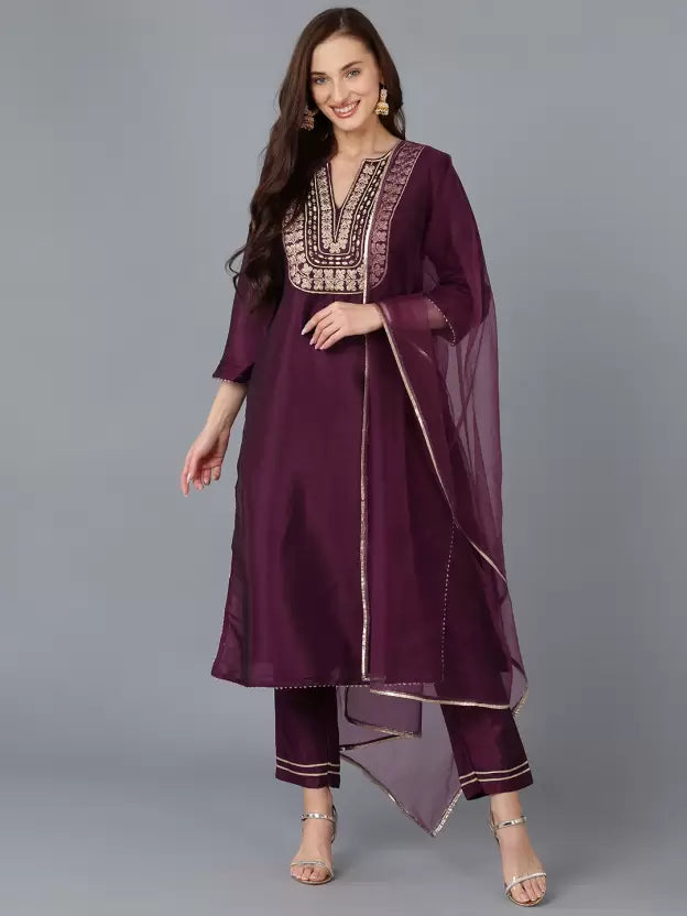 Women Wine Purple Silk Blend Kurta, Pant And Dupatta Set