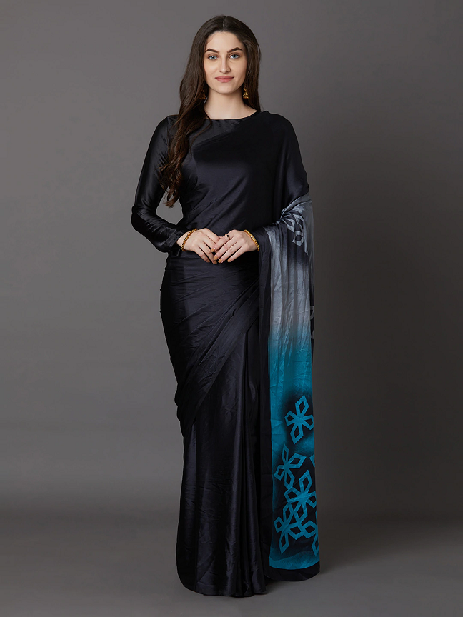 Poly Crepe Black & Blue Printed Saree