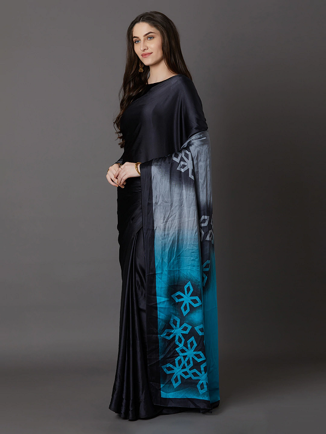Poly Crepe Black & Blue Printed Saree