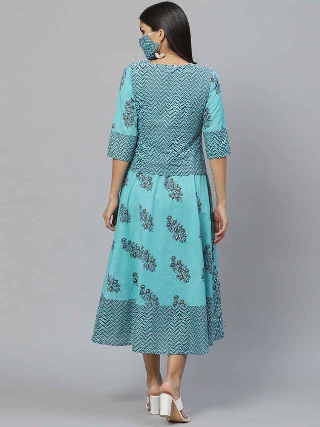 Blue & Green Printed A-Line Dress With Mask