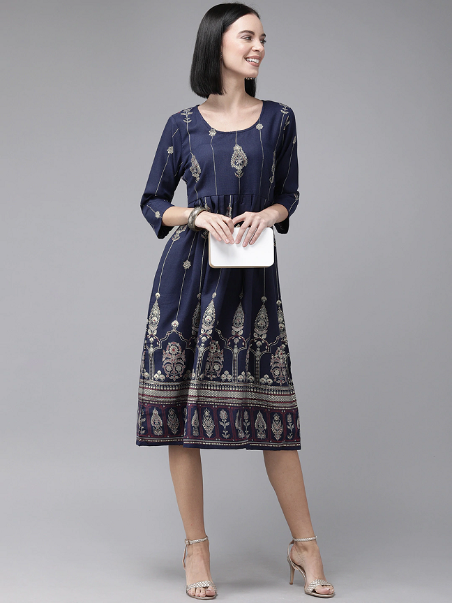 Women Navy Blue Ethnic Printed A-Line Dress