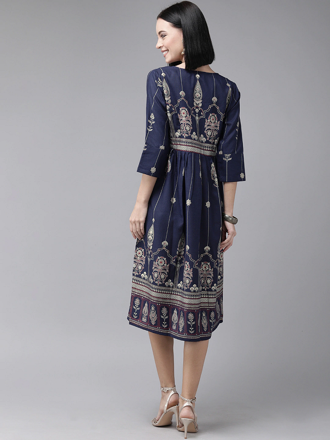 Women Navy Blue Ethnic Printed A-Line Dress