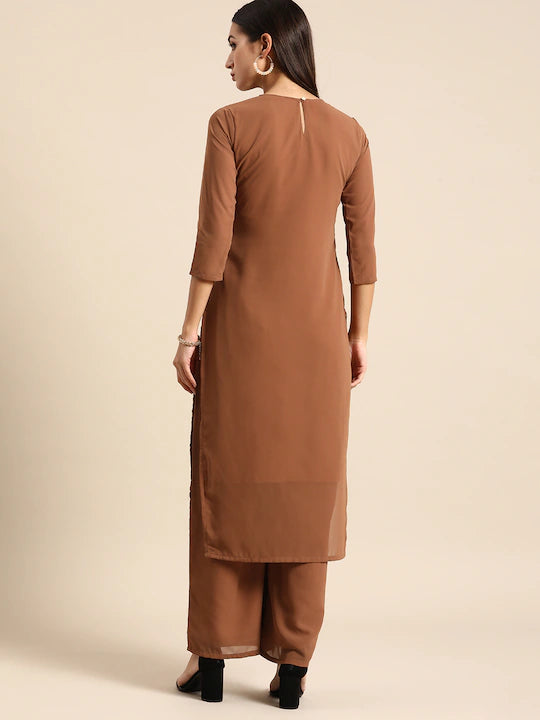 Women Brown Ethnic Motifs Embroidered Chikankari Kurta with Palazzos