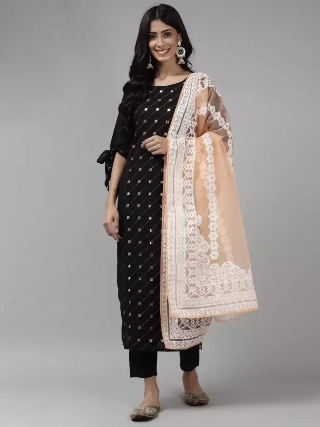 Women Embroidered Mirror-work Cotton Blend Black Kurta set