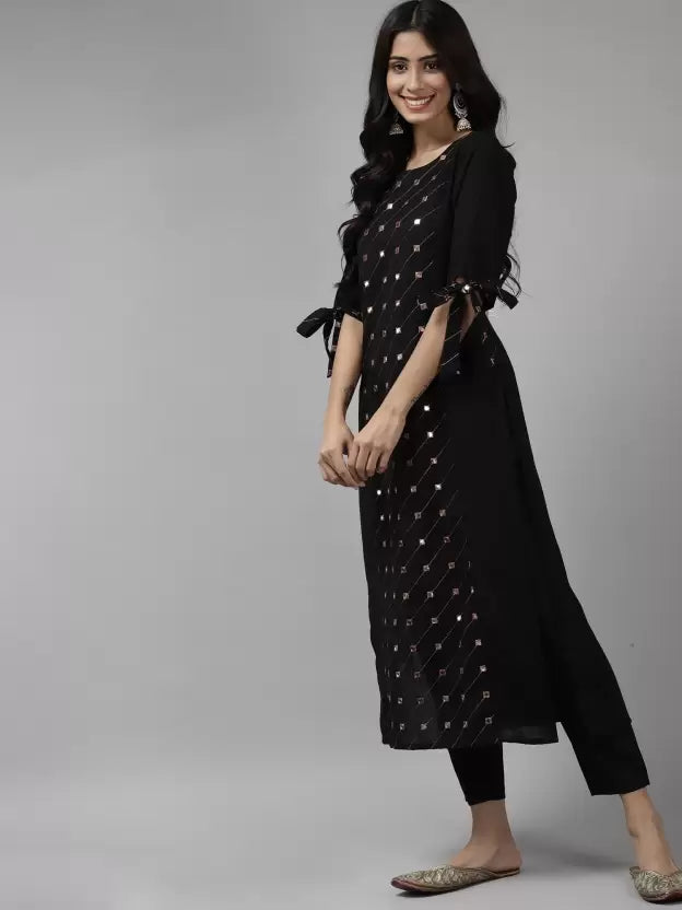Women Embroidered Mirror-work Cotton Blend Black Kurta set