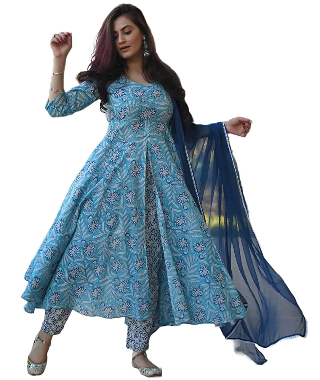 Women's Cotton Blend Printed Anarkali Kurta with Pant & Dupatta