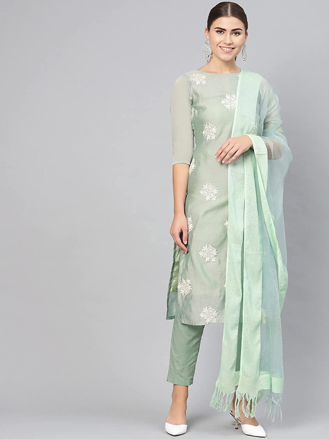 Women's Mint Cotton Blend Straight Embroidered Kurta with Pant & Dupatta