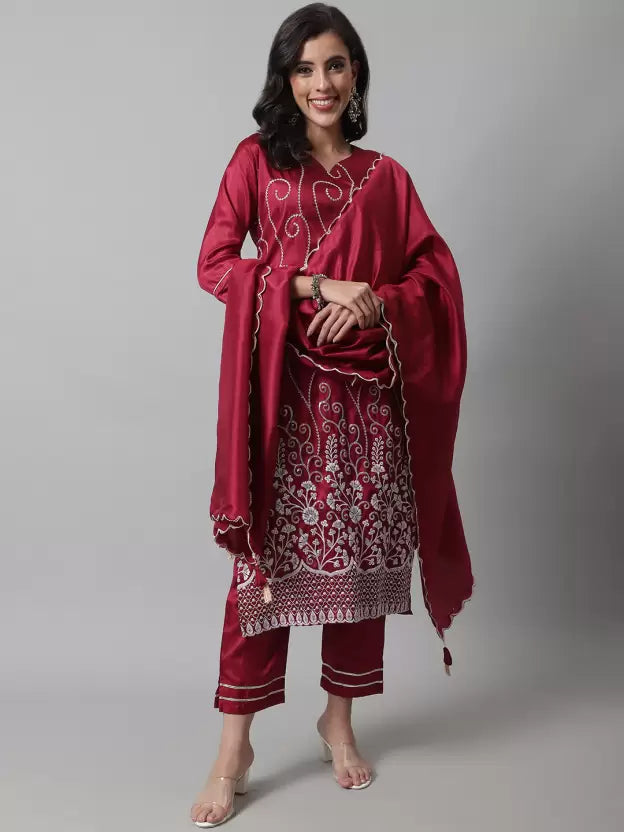 Women Embroidered Cotton Silk Kurta, Pant And Dupatta Set