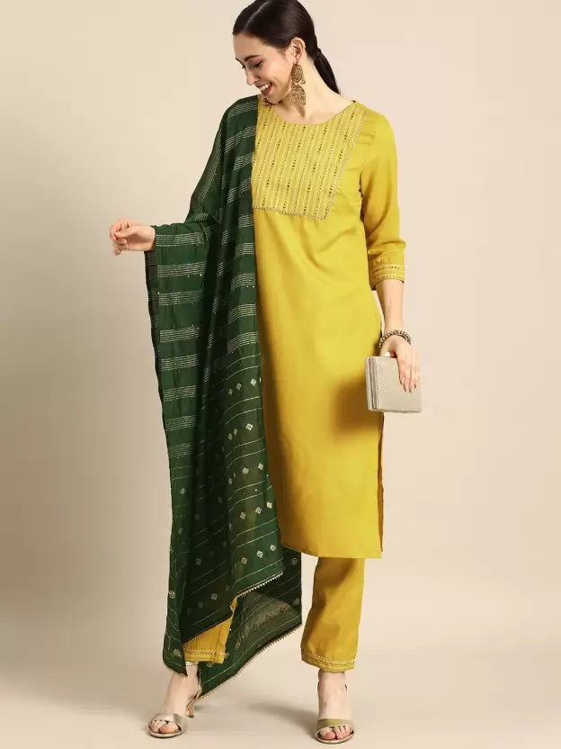 Women Cotton Embroidered Kurta, Trouser/Pant & Dupatta Set