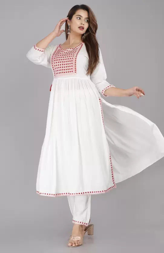 Women White Viscose rayon Tie-side White Kurta set