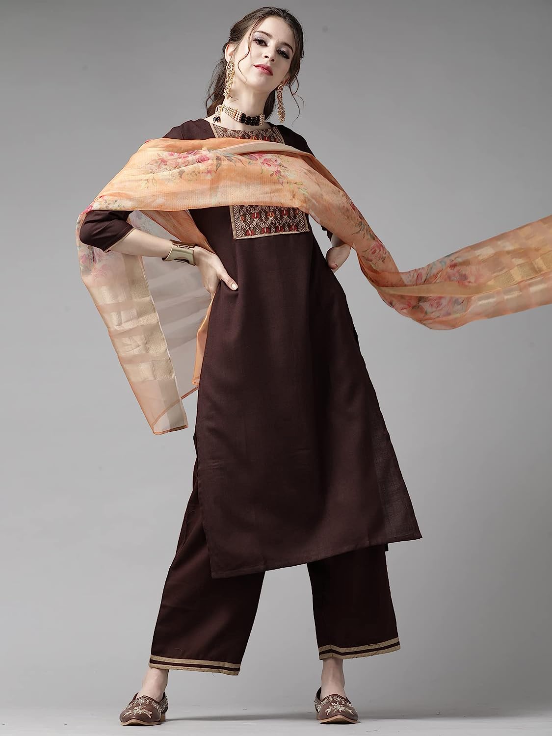 Women's Pure Cotton Brown Straight Solid Kurta Palazzo With Dupatta Set