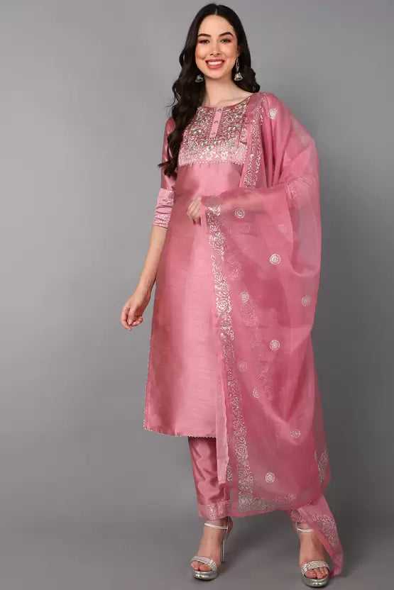 Women Silk Blend Pink Embroidered Kurta and Trousers Set