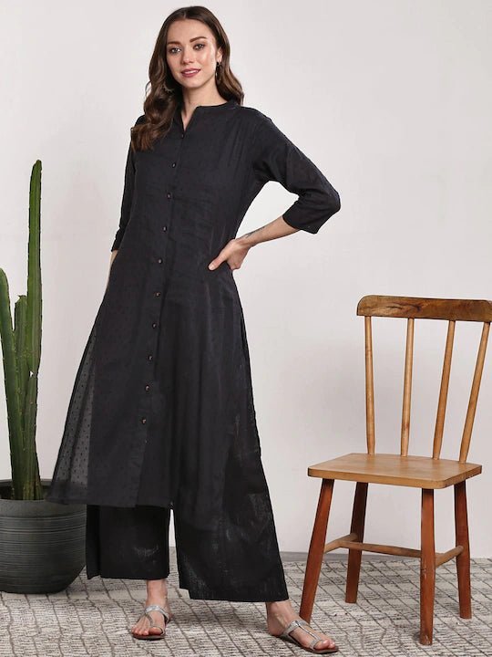 Women Black Self Design Kurta with Palazzos