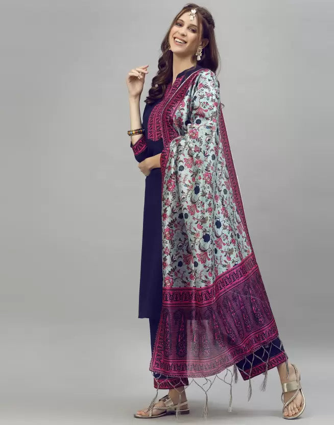 Women Blue Cotton Blend Kurta and Palazzo Set with Floral Dupatta