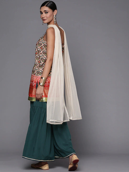 Women Green & Red Ethnic Motifs Print Kurti with Sharara & Dupatta