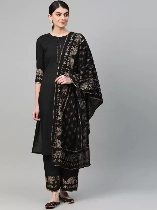 Women Kurta Pant And Dupatta Set Cotton Rayon