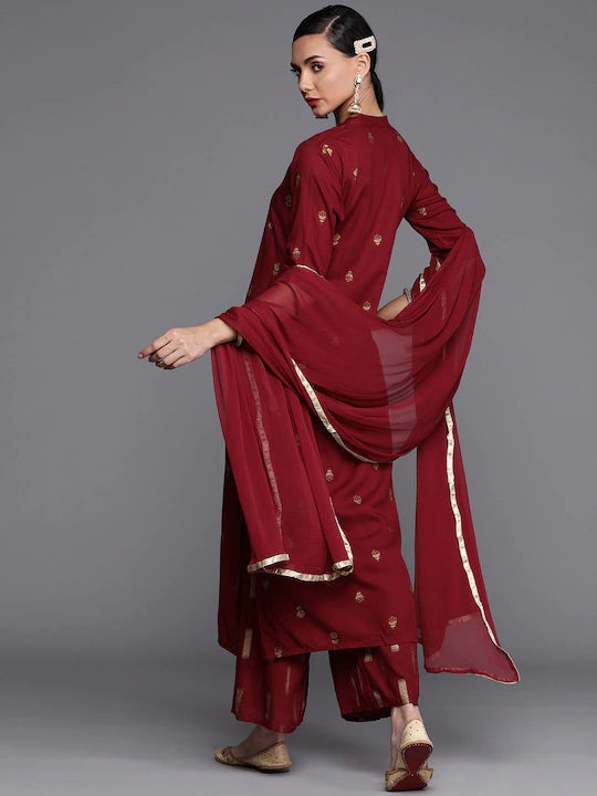 Women Maroon Ethnic Motifs Embroidered Kurta with Palazzos & Dupatta